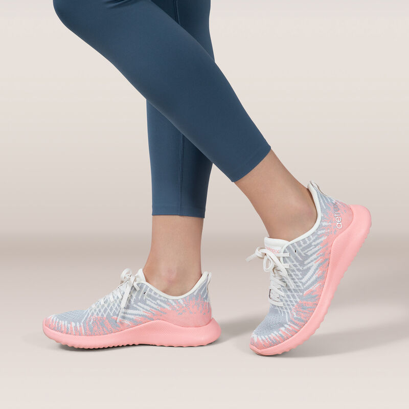 grey pink stretchy knit sneaker on foot